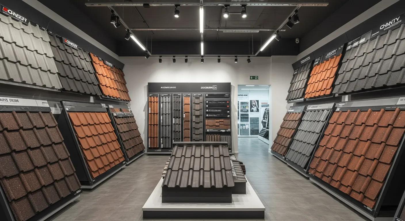 a well-lit urban roofing showroom features a striking display of various roofing materials, including sleek metal panels, textured clay tiles, and vibrant asphalt shingles, arranged artfully against a modern backdrop of minimalist design elements. a well-lit urban roofing showroom features a striking display of various roofing materials, including sleek metal panels, textured clay tiles, and vibrant asphalt shingles, arranged artfully against a modern backdrop of minimalist design elements.