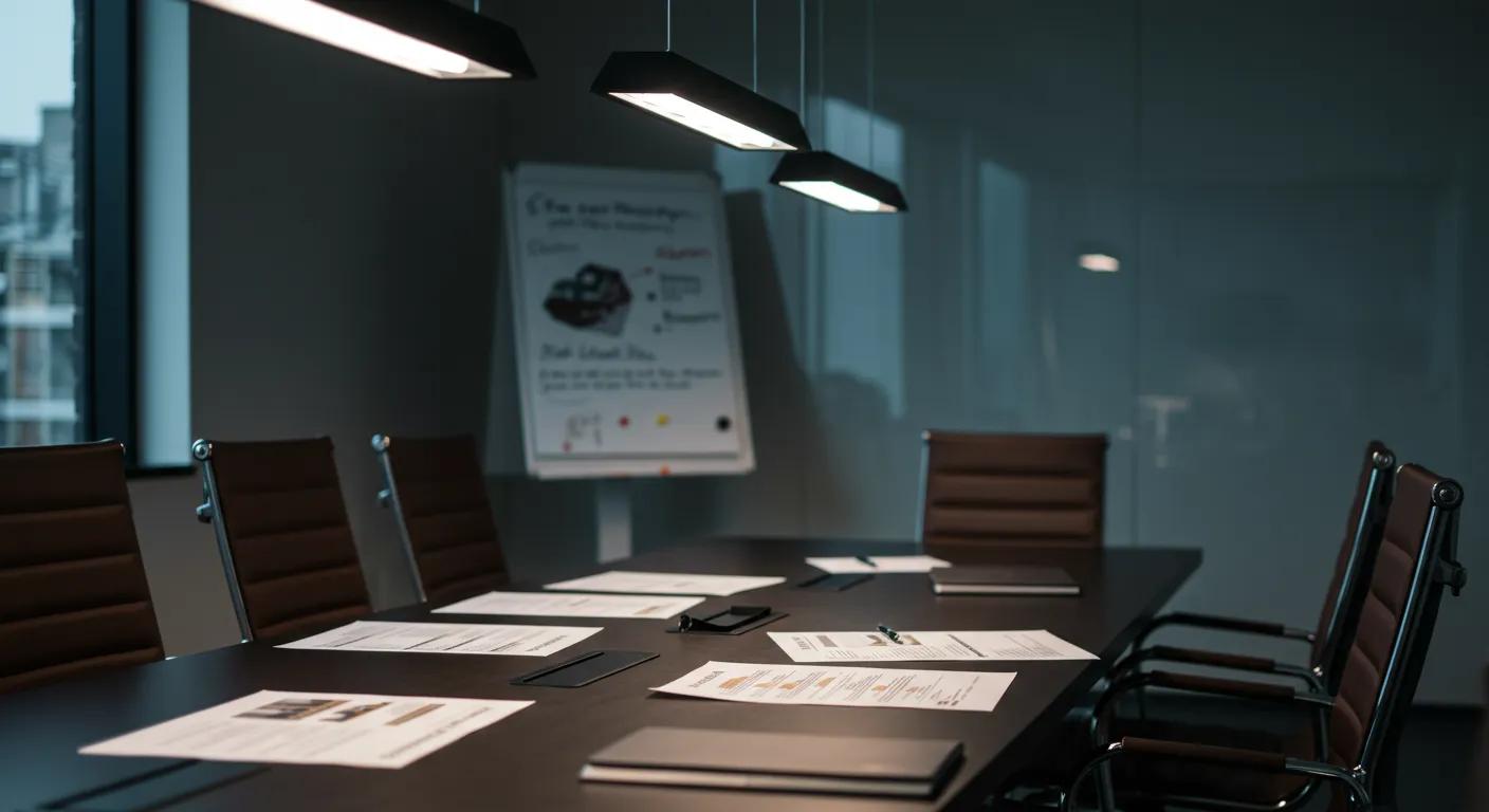 a professional office setting features a sleek conference table surrounded by documents, quote comparisons, and project portfolios, illuminated by focused task lighting, embodying the meticulous evaluation process of roofing companies. a professional office setting features a sleek conference table surrounded by documents, quote comparisons, and project portfolios, illuminated by focused task lighting, embodying the meticulous evaluation process of roofing companies.