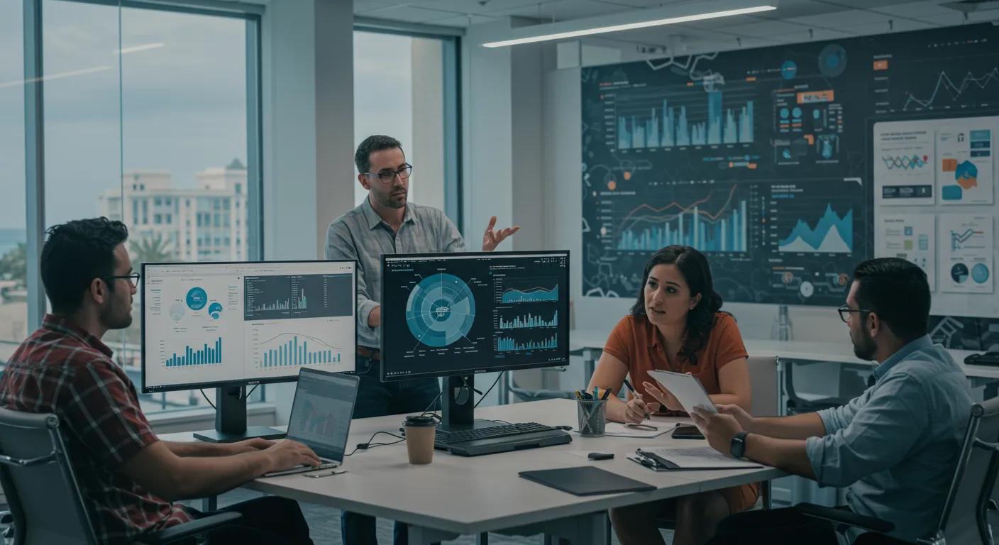 a vibrant, bustling office environment in panama city beach showcases a team discussing strategies for online reputation management, with charts displaying rising customer trust and engagement on digital screens in the background. a vibrant, bustling office environment in panama city beach showcases a team discussing strategies for online reputation management, with charts displaying rising customer trust and engagement on digital screens in the background.