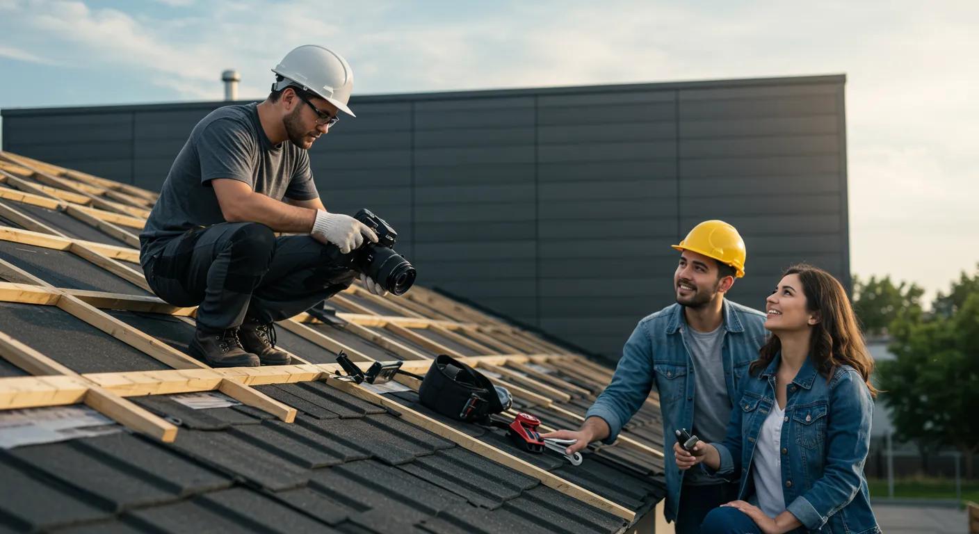 an experienced roofing contractor confidently inspects a finished roof on a modern commercial building, with safety helmets and tools nearby, while a satisfied homeowner observes, symbolizing quality workmanship and trust in affordable roofing services.