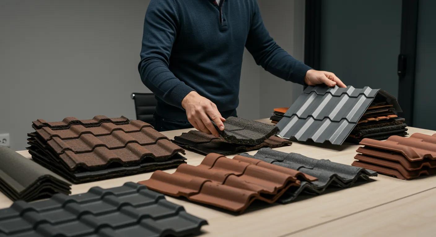 a professional roofing contractor examines an array of diverse roofing materials—sleek asphalt shingles, robust metal sheets, elegant tiles, and versatile flat roofing—displayed on a polished office table, illuminated by dynamic overhead lighting to highlight their textures and colors.