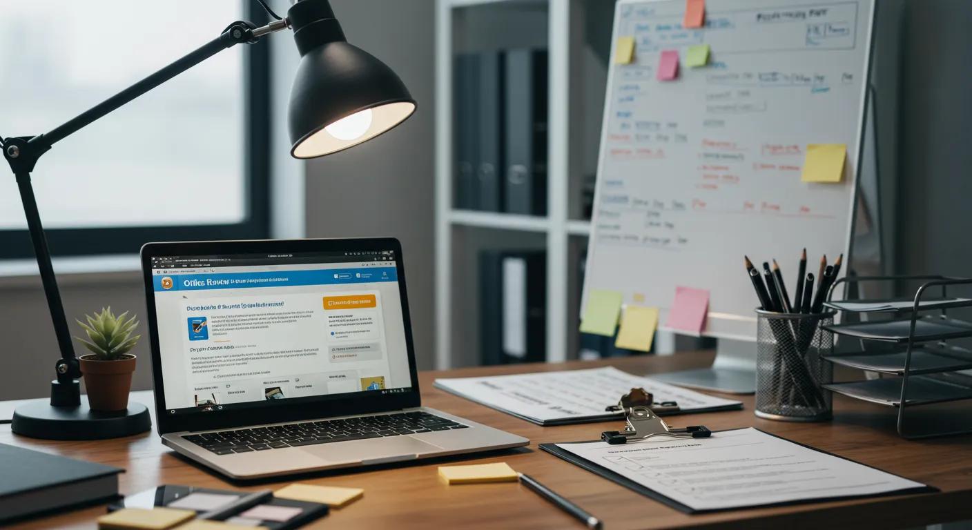 a focused interior view of a modern office with a well-organized desk, showcasing a laptop displaying an online review site, alongside a clipboard with checklists for verifying contractor credentials and service agreements, illuminated by bright overhead lighting that emphasizes professionalism and clarity.