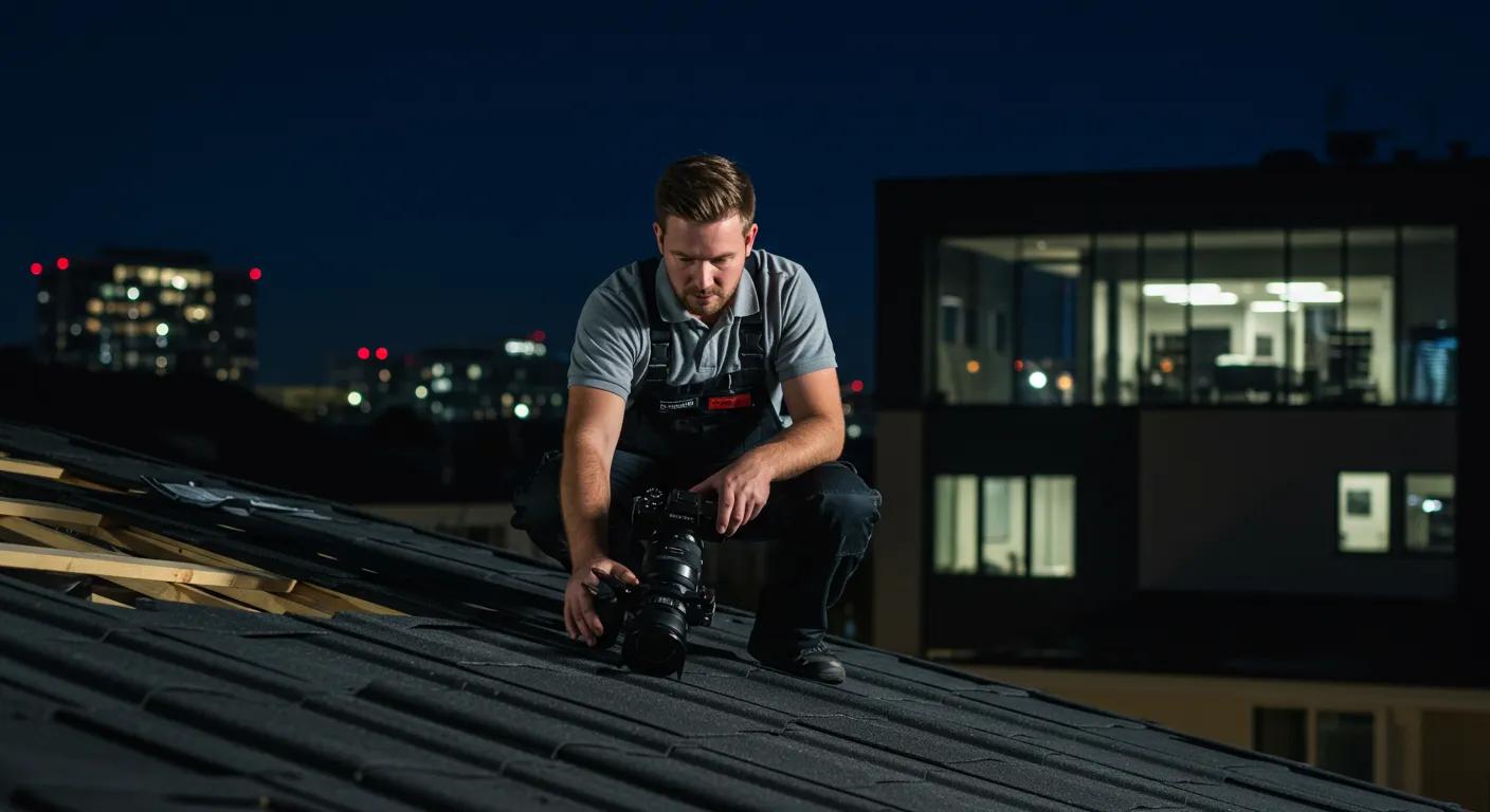 a confident roofing contractor inspects a recently completed, modern residential roof under the vibrant lights of a bustling urban office, showcasing professionalism and trust in their craftsmanship.