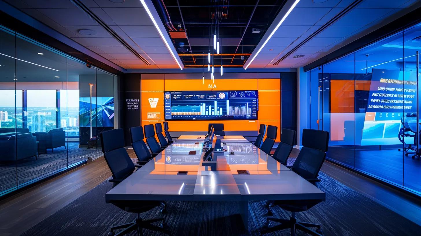 a sleek, modern office in panama city beach features a large conference table equipped with digital screens displaying analytics graphs and online reputation metrics, emphasizing the dynamic interplay of seo strategies and brand management.