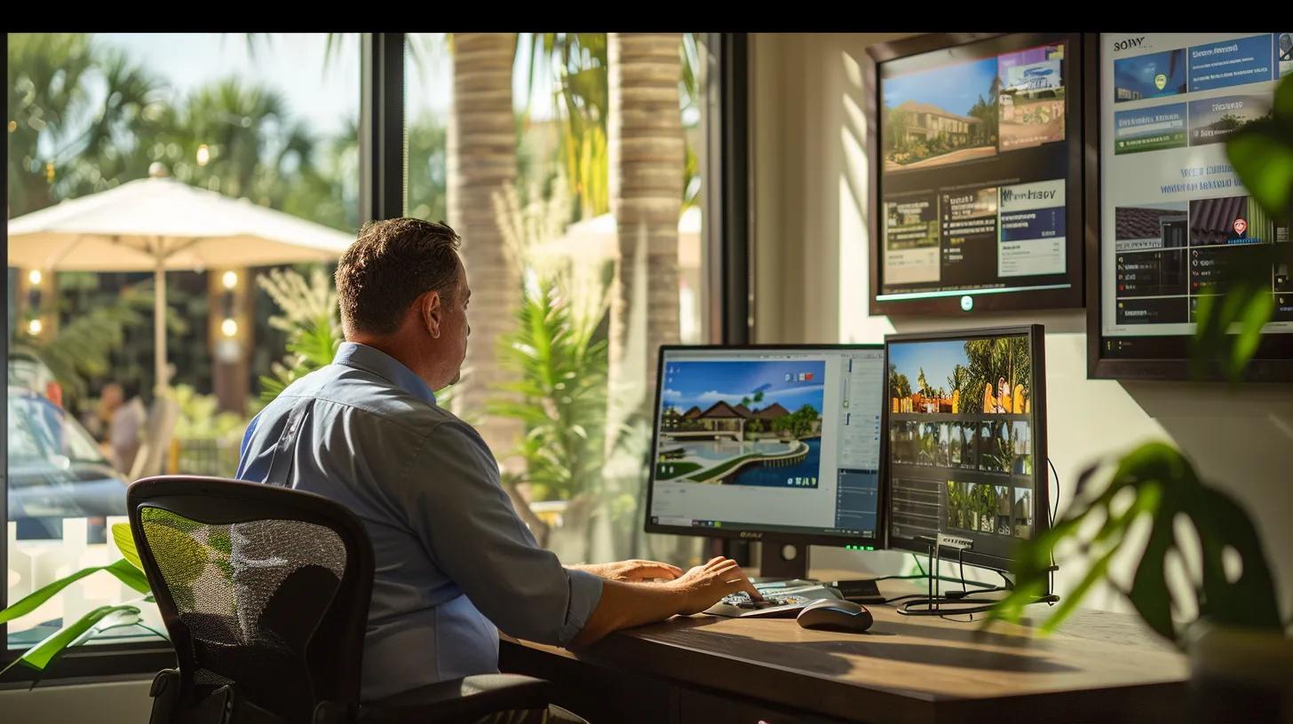 a vibrant office scene in panama city beach showcases a roofing contractor engaging with clients at a sleek desk, surrounded by glowing customer reviews displayed on digital screens, emphasizing the importance of feedback in boosting seo and brand trust. a vibrant office scene in panama city beach showcases a roofing contractor engaging with clients at a sleek desk, surrounded by glowing customer reviews displayed on digital screens, emphasizing the importance of feedback in boosting seo and brand trust.
