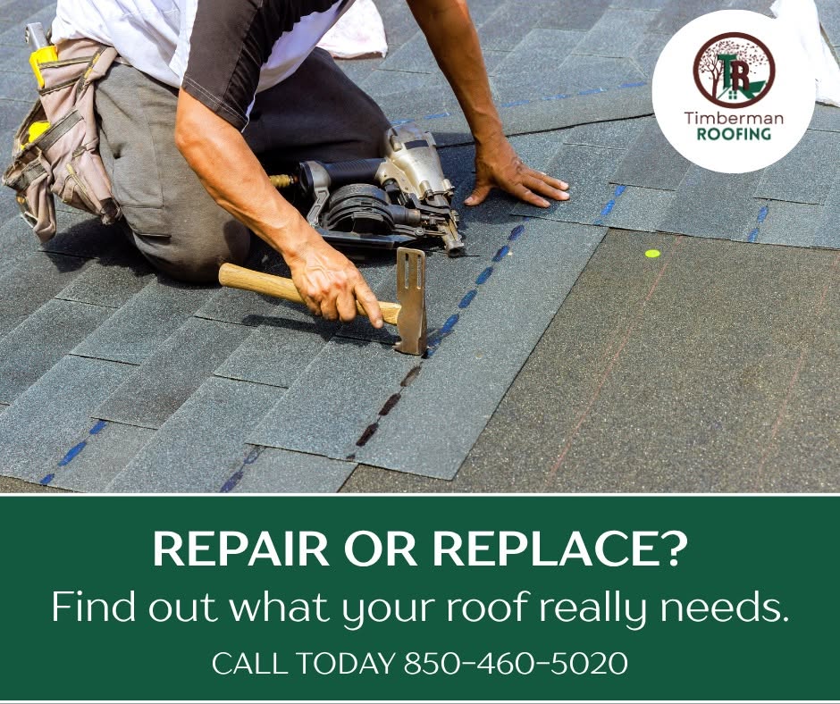 fwb-hero - Timberman Roofing Roofer hammering asphalt shingles on a roof; Timberman Roofing logo in the corner with green banner text inviting repairs or replacement and a phone number nearby (advertisement).