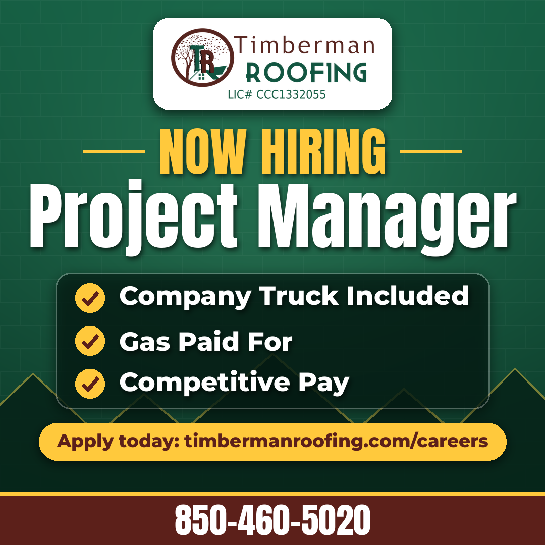 Timberman Roofing is hiring a Project Manager: company truck included, gas paid for, competitive pay